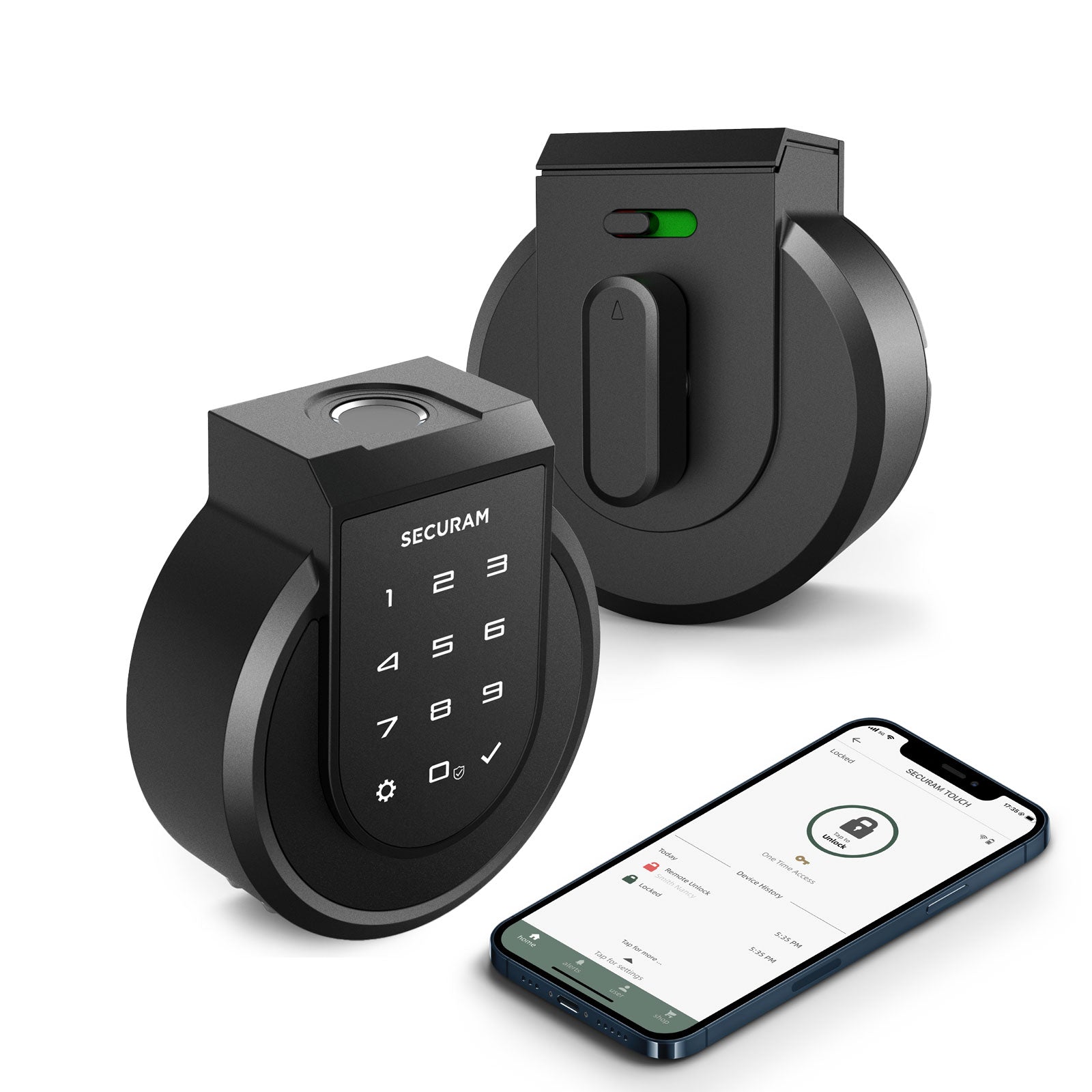 A SECURAM Touch+ Hub Kit smart lock with a phone next to it.