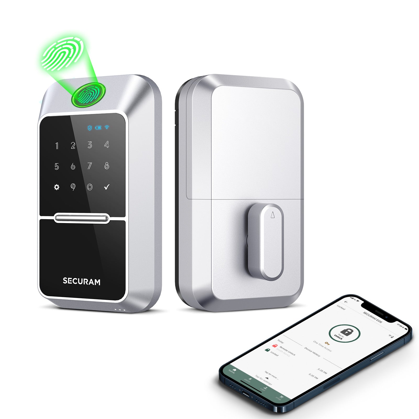 A SECURAM EOS Wi-Fi Smart Lock with a smart phone next to it.