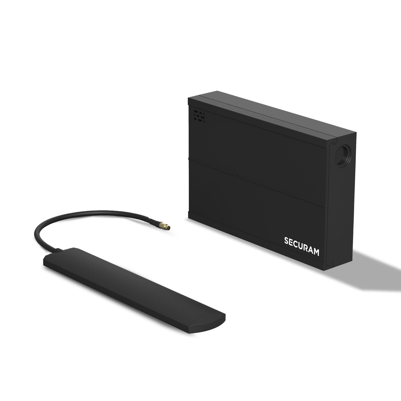 A black Safe Monitor box with a cord attached to it from SECURAM.