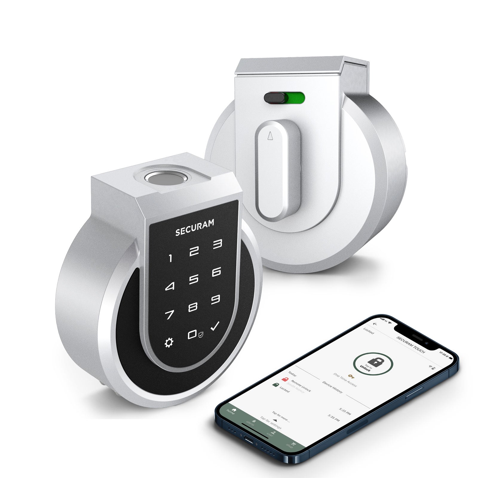 A SECURAM Touch+ Hub Kit smart lock with a SECURAM smart phone next to it.