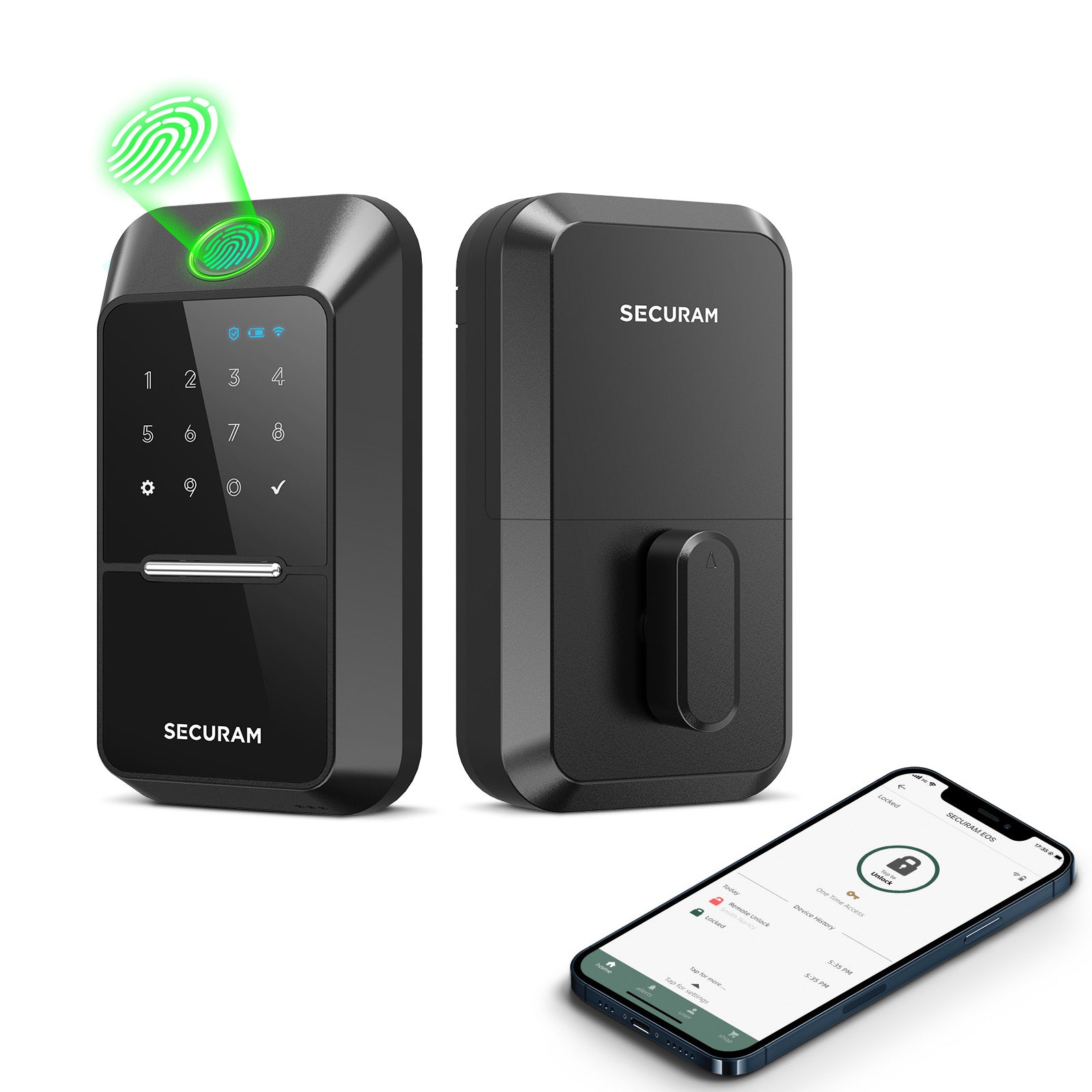 A SECURAM EOS Wi-Fi Smart Lock with a phone next to it.