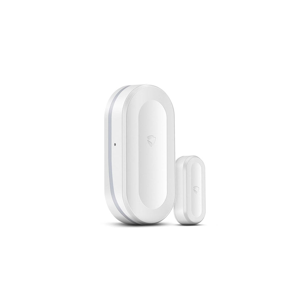 A white SECURAM Smart Door/Window Sensor with a remote control.