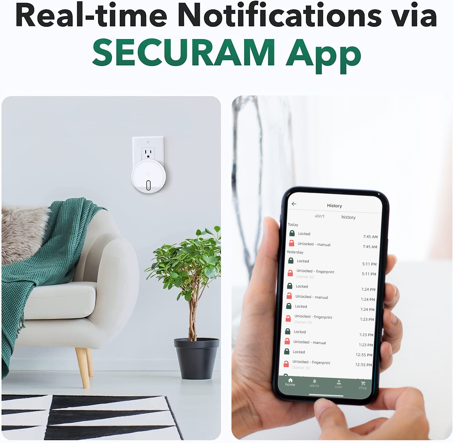 Real time notifications via the SECURAM Smart Home Security Kit - EOS Wi-Fi Smart Lock, Smart Hub, and Smart Door/Window Sensors app.